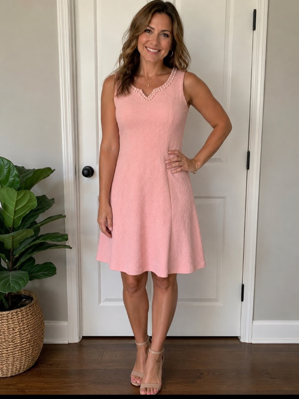 Ya Los Angeles Sleeveless Pink Textured A-Line Dress with Beaded V-Neckline